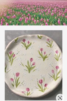 two pictures one with flowers and the other has pink tulips on it's side