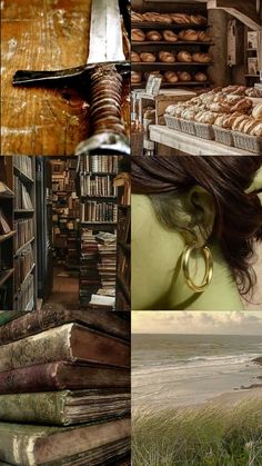 there is a collage of pictures with books and other things in the background, including a woman's head