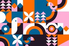 an abstract pattern with birds and geometric shapes