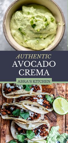 authentic avocado crema recipe in a bowl with tortillas and cilantro