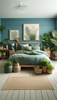 a bedroom with blue walls and green plants on the bed, along with potted plants