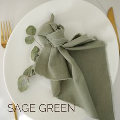 a white plate topped with a green napkin