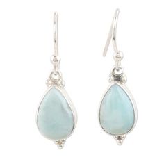 Quench your proverbial thirst for beauty with this pair of invigorating sky-blue earrings from India's Neeru Goel. The artisan uses a smooth drop-shaped larimar gemstone in a bezel setting to center the earrings while sterling silver accents complement the icy gemstones. Blue Larimar Dangle Earrings, Light Blue Sterling Silver Teardrop Earrings, Traditional Indian Jewellery, India Gift, Jewellery Moulds, Gift Suggestions, Button Earrings, Sterling Silver Dangle Earrings, Silver Earrings Dangle