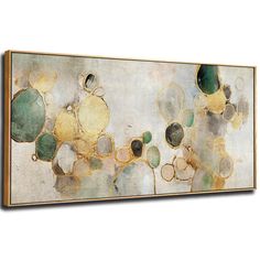 an abstract painting with gold, green and white circles on the bottom half of it