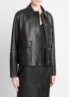 Buy Leather Zip-Front Jacket for USD 976.50 | Vince Leather Jacket Oversized, Leather Trousers, Sleek Look, Lambskin Leather, Jacket Style, Outerwear Jackets, Denim Women, Fitness Models, 50 %