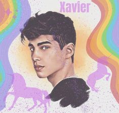 a drawing of a young man in front of a rainbow colored background with the name kavier on it