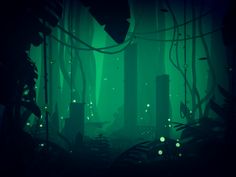 a dark forest filled with lots of green plants and lights in the night time sky