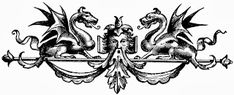 a black and white drawing of two dragon heads on top of an ornate frame with scrolls