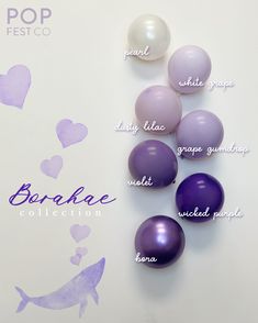 purple and white balloons are arranged on a table with words above them that spell out the names of different types of balloons