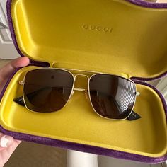 Perfect Gucci Sunglasses Only Worn Like Twice, Just Bought Other Pairs Gold And Brown Lenses With Hh Gucci On The Side And Detail Gucci Aviator Sunglasses, Gucci Sunglasses, Gucci Accessories, Gucci Black, On The Side, Aviator Sunglasses, Sunglasses Accessories, New Color, Lenses