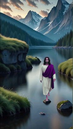 a painting of jesus walking across a river