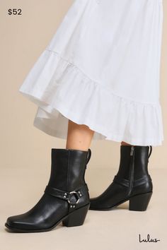 Take edgy cuteness to a sleek new level with the Lulus Sammson Black Mid-Calf Moto Boots! Smooth faux leather shapes these trendy boots with a square toe upper that rises to a 7.25"" mid-calf shaft with an 11"" circumference. Matching studded straps come together at a gunmetal O-ring at the outstep for a moto-inspired design. A pull tab at the heel and a 6.5"" zipper at the instep make for easy, everyday styling! 3" stacked heel. Cushioned insole. Rubber sole has nonskid markings. Man made mater Wide Calf High Heel Moto Boots For Fall, Fall Moto Boots With Stacked Heel And High Ankle, Fall Wide Calf High Heel Moto Boots, Trendy Winter Moto Boots With Square Toe, Fall Moto Boots With Stacked Heel And Square Toe, Winter Moto Boots With Stacked Heel And Medium Width, Casual Square Toe Moto Boots For Fall, Casual Moto Boots With Square Toe For Fall, Chic Winter Moto Boots With Stacked Heel