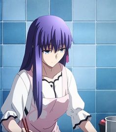 a woman with purple hair standing in front of a blue tiled wall holding a knife