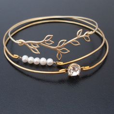 Romantic Wedding Bangle Bracelet Set, Pearl and Gold Bridal Jewelry, Gold Bridal Bracelet, Gold Wedding Bracelet, Gold Wedding Jewelry Adjustable Rose Gold Bracelets For Wedding, Delicate Gold Bracelets For Wedding, Elegant Stackable Pearl Bracelet For Wedding, Adjustable Wedding Bangle Jewelry, Adjustable Bangle Jewelry For Wedding, Elegant Bangle Jewelry For Bridesmaid Gift, Elegant Bangle For Bridesmaid Gift, Elegant Adjustable Jewelry For Bridal Shower, Gold Crystal Bangle Bracelet For Wedding