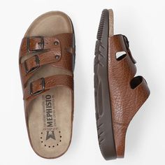 Men's Everyday Sandal Brown Grain Leather Upper Fully Adjustable Straps Supportive Cork & Latex Footbed Shock Absorbent, Durable Rubber Outsole Casual Beach Sandals, Everyday Sandals, Shoe Makeover, Brown Sandals, Beach Sandals, Mens Sandals, Cork, Grain, Leather Upper