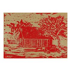 a red and tan print of a house with trees in the background on a piece of brown paper