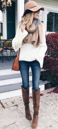 Brown Knee High Boots Outfit, High Boots Outfit Winter, Brown Boots Outfit, Scarf Bag, High Boots Outfit, Sweater Ideas, Fall Beauty