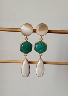 Chrysoprase & Rose Quartz Earrings - Long Dangle Earrings - Gemstone Earrings - Gold Plated Earrings - Chrysoprase Jewelry - Bezel Gifts her 18k Gold Plated Natural Gemstone Handmade Jewelry Earring length  = 70 MM Earring width   = 16 MM  Important Care Tips: We recommend taking your jewelry off for the shower, pool or spa. Also remove when sleeping or exercising and avoid contact with perfume and chemicals. For cleaning we recommend using a soft lint free cloth.  Please store in a cool dry pla Luxury Chalcedony Earrings For Women, Chrysoprase Jewelry, Gemstone Earrings Gold, Handmade Jewelry Earrings, Rose Quartz Earrings, Long Dangle Earrings, Quartz Earrings, Quartz Rose, Gold Plated Earrings