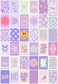 a collage of squares with different patterns and words on them, all in pastel colors