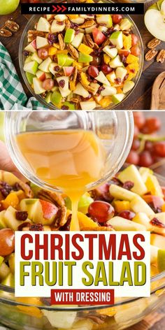 christmas fruit salad with dressing in a glass bowl