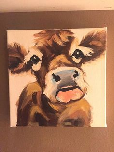 a painting of a brown cow with black eyes