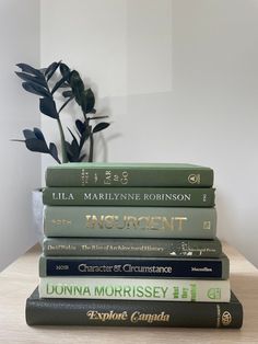 a stack of books sitting on top of a table next to a potted plant