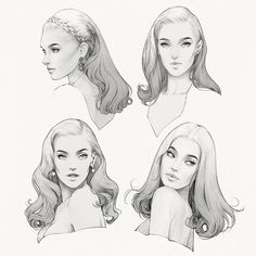 four different views of a woman's head with long, wavy hair and braids