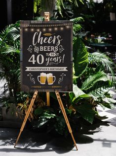 a sign that says cheers for 40 years with two mugs of beer on it