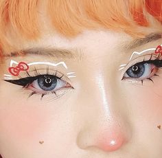 Hello Kitty Eye Contacts, Hello Kitty Make Up Looks, Hello Kitty Makeup Ideas, Hello Kitty Inspired Makeup, Hello Kitty Eye Makeup, My Melody Makeup Look, Kitty Makeup Halloween, Sanrio Makeup Look, Hello Kitty Halloween Makeup