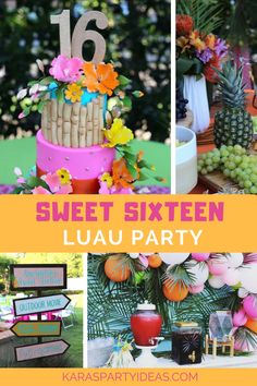 sweet sixteen birthday party with colorful decorations and desserts on the table, including pineapples