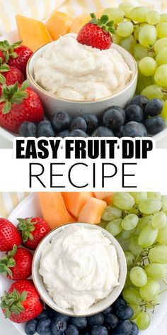 two plates filled with fruit and dips on top of each other