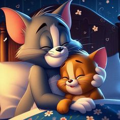 two cartoon characters hugging each other on a bed