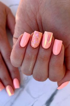 Pink Coral Nails With Design, Classy Spring Nail Ideas, Short Gel Nails Summer Bright Designs, Trendy Pastel Nails Short, Summer Nails With Sparkle, Spring Gel Polish Nails, Spring Holiday Nails, Shellac Nail Designs Spring, Spring 2024 Nails Ideas