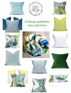 various pillows and pillow covers on display in different colors, patterns and sizes with the words citrus garden collection written below them