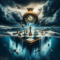 an artistic painting of a clock surrounded by chess pieces and birds flying over the ocean