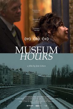 the movie poster for museum hours with two people standing in front of train tracks and buildings