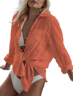 PRICES MAY VARY. One Size Bikini Cover Up Shirt fit S-XL,Bust:48.8" Shoulder:18.89" Length:32.6" Light weight soft fabric,comfortable loose casual tunic style,Sexy beachwear,swimwear for women Linen Polyester material,Button down shirt blouses tops with collar design Boho stylish wear,when hang,match bathing suit or even a mini-tank dress.when tie up,with shorts,jeans,bikini Swimsuit cover up is good choice for beach,party,daily wear,swimming pool,street Feature:
 Casual loose fit, comfortable t Cheap Chic Beach Bodysuit, Cheap Feminine Beach Tops, Cheap Bohemian Tops For Beach Party, Cheap Collared Tops For Vacation, Cheap Long Sleeve Swimwear For Vacation, Cheap Beachwear Bodysuit For Beach Season, Cheap Summer Bodysuit For Beach, Cheap 3/4 Sleeve Beach Tops, Cheap Vacation Tops With Camp Collar