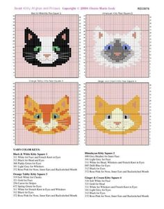 four cross stitch patterns with cats and kittens on them, all in different colors