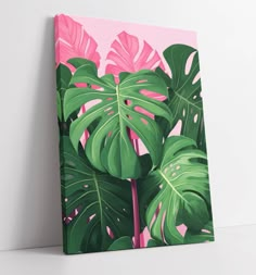 a pink and green painting on a white wall with monster's leaf print in the background