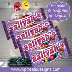 three candy bar wrappers with cartoon characters on them and the words, always's always