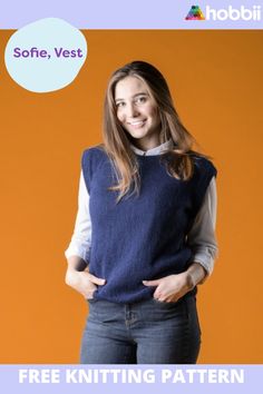 a woman standing in front of an orange background with the text free knitting pattern for women's sweater vests