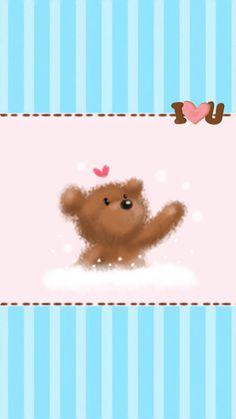 a brown teddy bear sitting on top of a blue and white striped wall with a pink heart