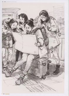 a black and white drawing of people looking at a map while others look on from the subway