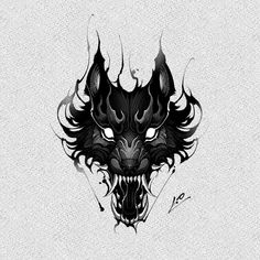 a black and white drawing of a dragon's head with flames coming out of it