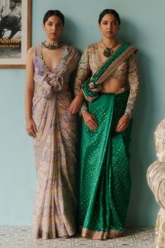 Rama green kora saree featuring hand embroidered sequin, resham bandhani scattered all over with resham, zardozi and pearl floral work on the border. Paired with a paisley printed blouse featuring hand embroidered cuffs. - Aza Fashions Mrunalini Rao, Saree Gowns, Dhoti Saree, Cotton Sarees Handloom, Purple Saree, Ruffle Saree, Paisley Print Blouse, Print Saree, Green Saree