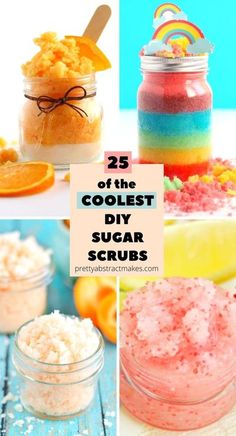 some jars filled with different types of food and the words 25 of the coolest sugar scrubs