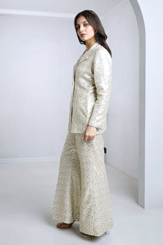 White blazer with sequin embroidery all over. Paired with a pant. - Aza Fashions Glamorous Sequined Sets For Formal Occasions, Glamorous Formal Sequined Sets, Glamorous Formal Sets With Sequins, Elegant Formal Embellished Pant Set, Formal Fitted Sequin Pantsuit, Elegant Sequin Blazer For Festive Occasions, Festive Chic Formal Pant Set, Elegant Festive Sequin Blazer, Formal Sequined Long Sleeve Pantsuit