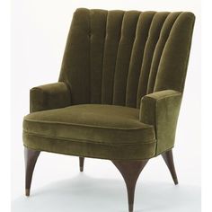 a green velvet chair with wooden legs and armrests on an isolated white background