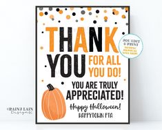 a card with the words thank you for all you do, and an orange pumpkin