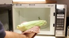 a person is holding an ear of corn in front of a microwave with the door open